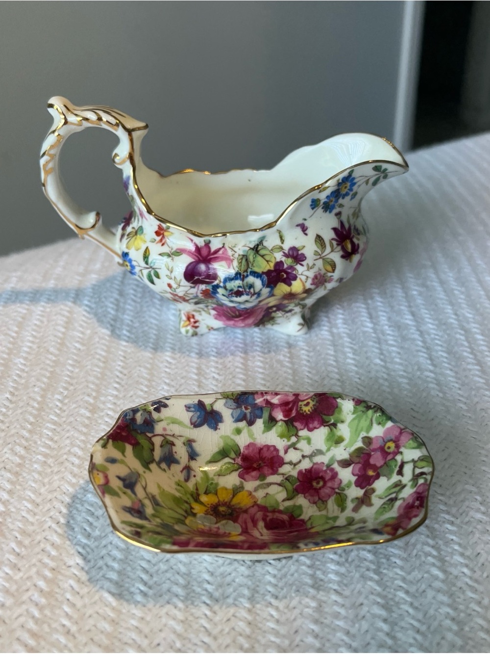 Vintage Floral Gold-Trim Porcelain Creamer and Dish
